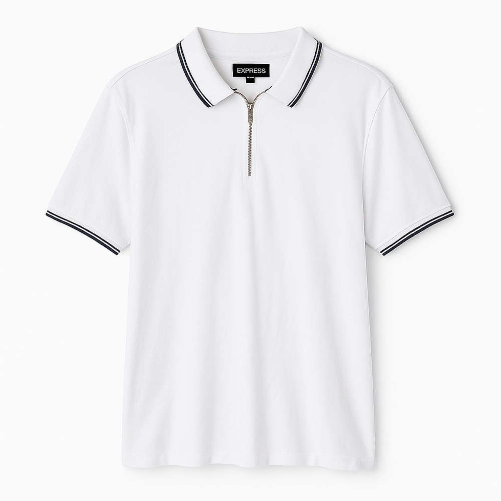Express Luxury Ribbed Polo - Silver Zip, White/Black - Rare Minimalist Fit